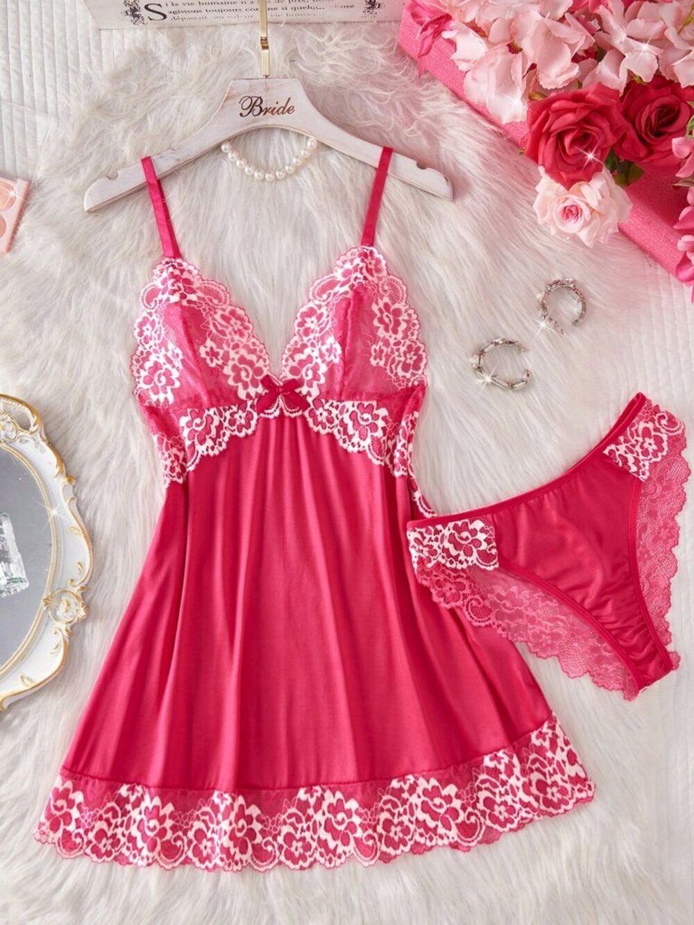 Hot Pink Women's Contrast Lace Sleepwear Set nightgown nighty